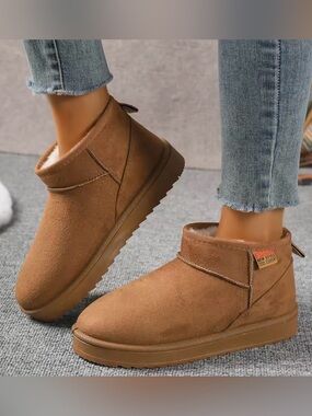Women’s Chestnut Mini Ankle Boots Warm Faux Fur Lined Slip On Winter Shoes